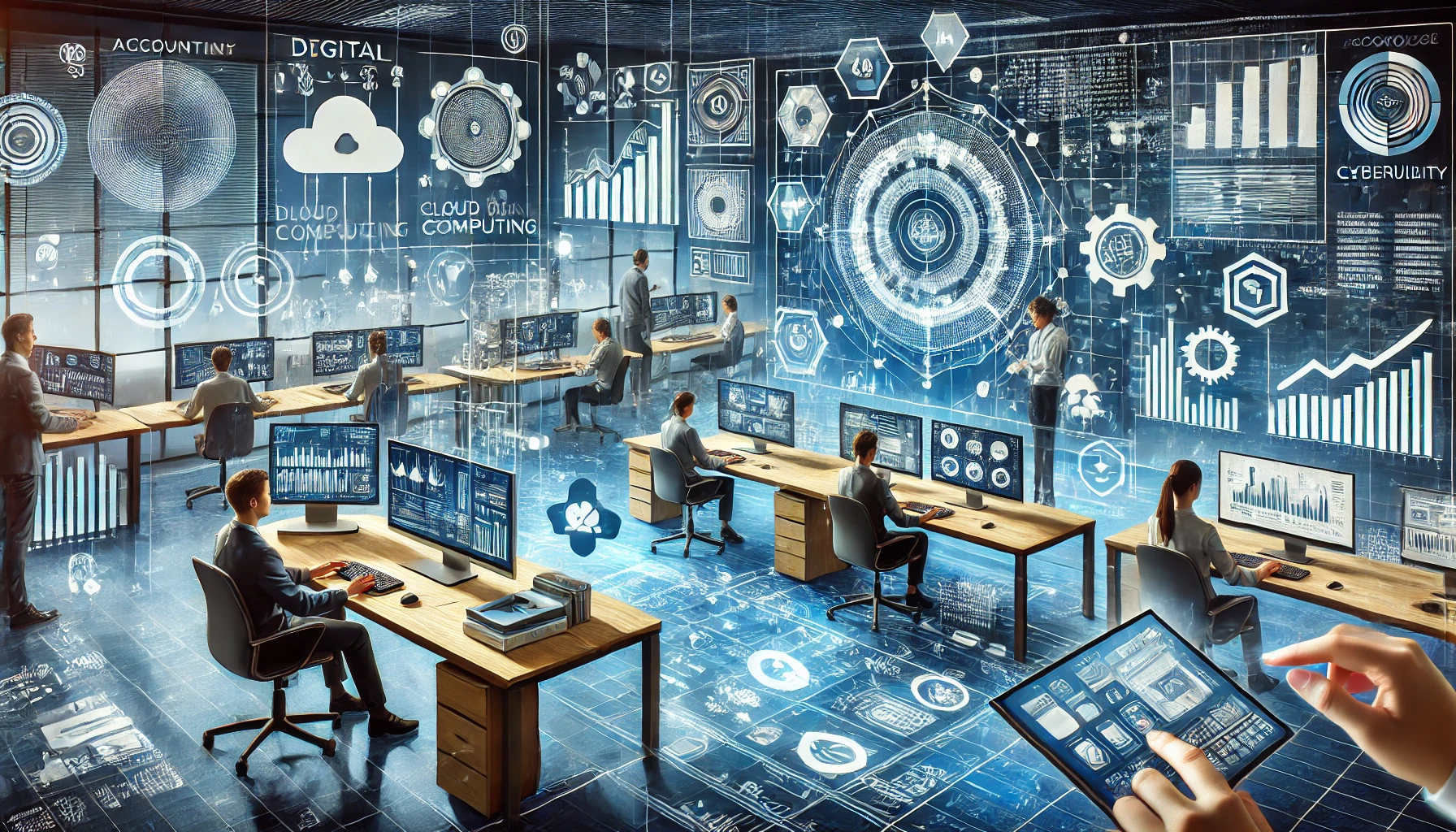 DALL·E 2024-07-09 10.44.21 – An illustration depicting the integration of technology in accounting practices. The scene features a modern office with accountants working on comput
