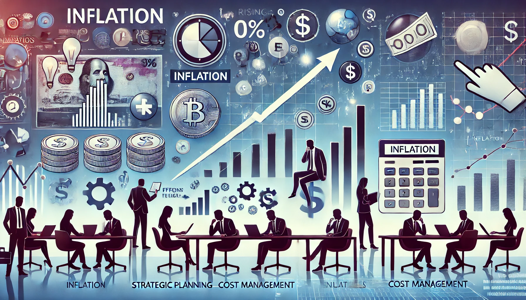 DALL·E 2024-07-09 11.15.12 – An illustration depicting the impact of inflation on business finances. The scene shows a business environment with a focus on financial elements like