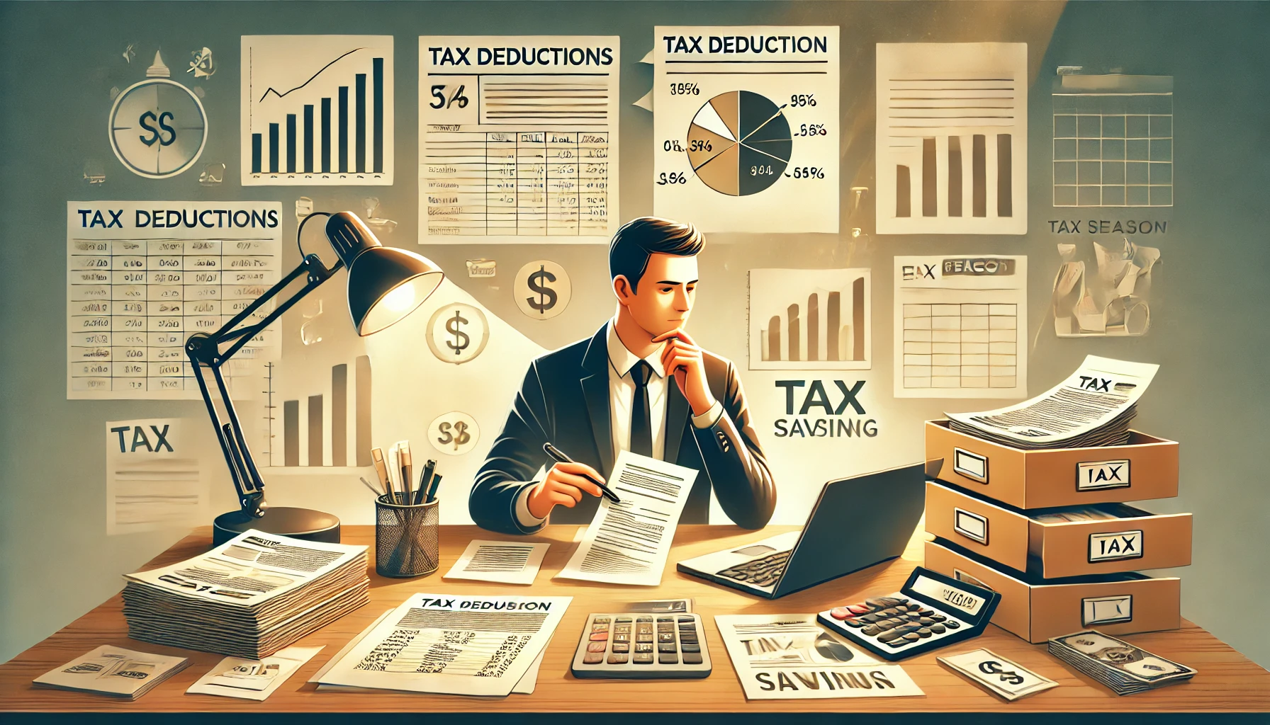 DALL·E 2025-01-13 16.59.19 – A professional and detailed illustration focusing on tax deductions for small businesses. The scene features a desk with financial documents, a calcul