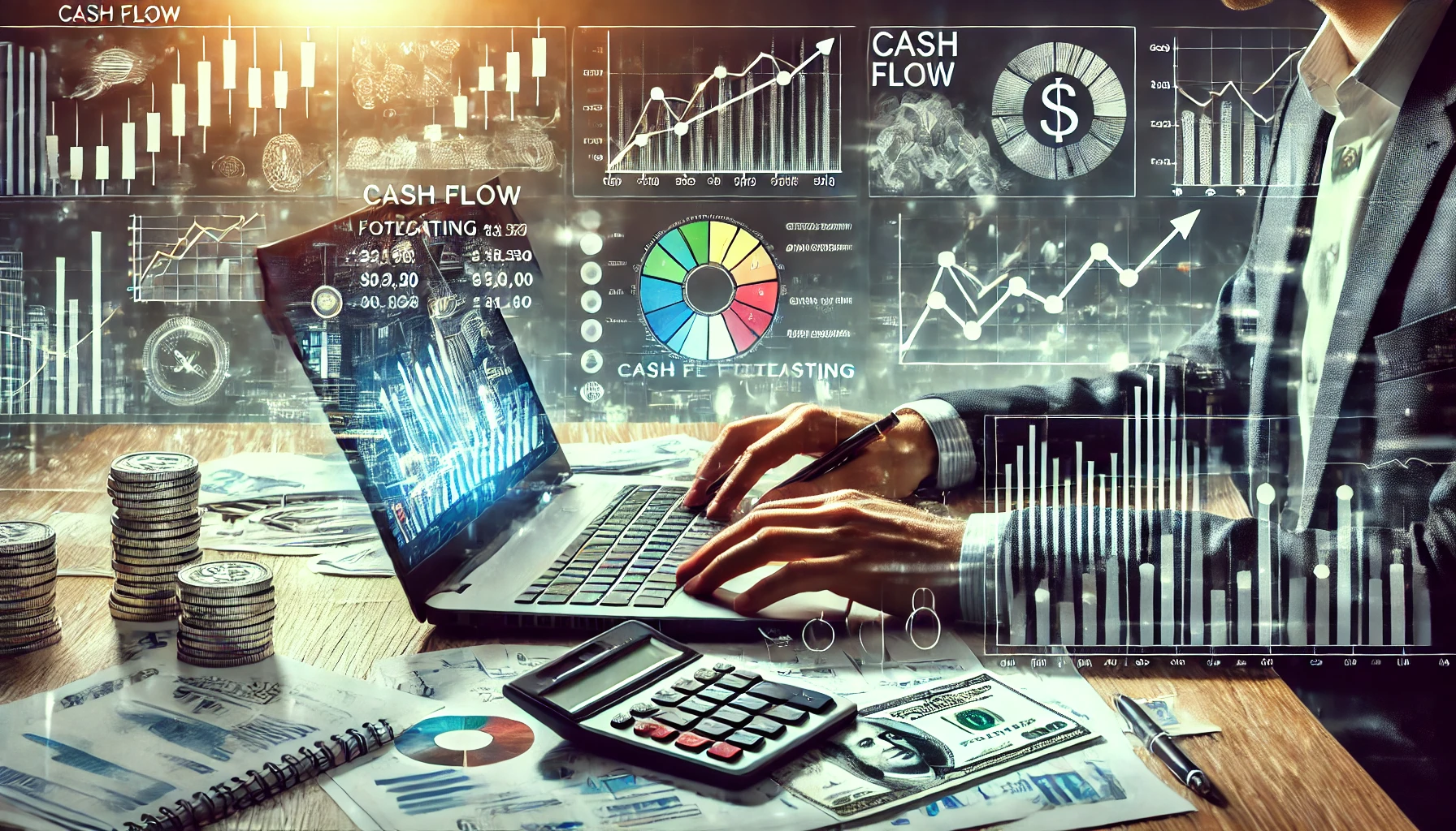 DALL·E 2025-01-13 17.05.43 – A professional and detailed illustration focused on cash flow forecasting for businesses during economic uncertainty. The scene features a businessper